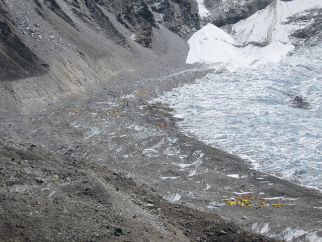 Main Everest Base Camp (center left, random colours) and our Base Camp (bottom right, yellow tents) from the summit of our Kala Pattar