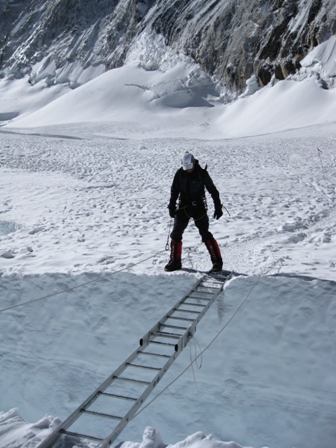 Me about to cross a ladder in the Cwm